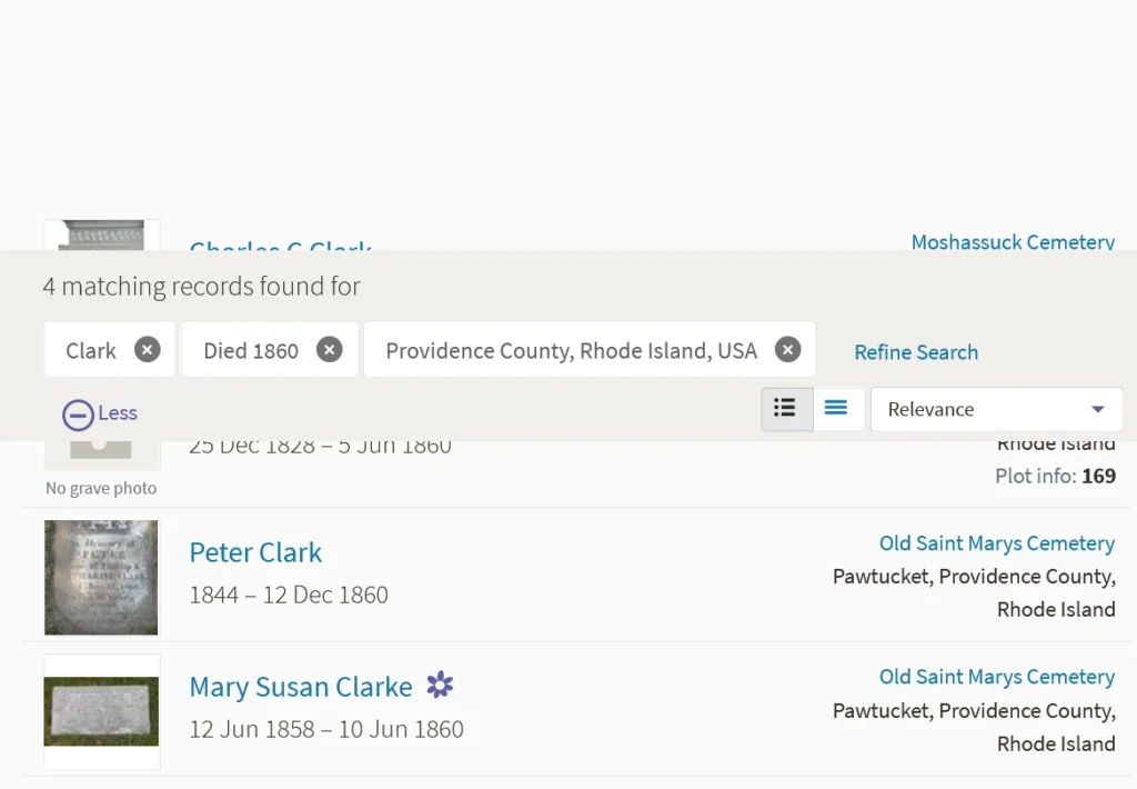 Screen capture from Find a Grave site showing four people with the surname Clark buried in Rhode Island