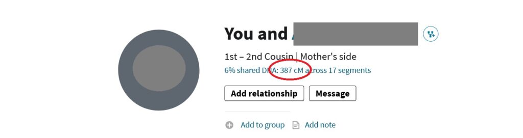 Screen capture from Ancestry DNA match list showing second cousins once-removed sharing 387 centimorgans