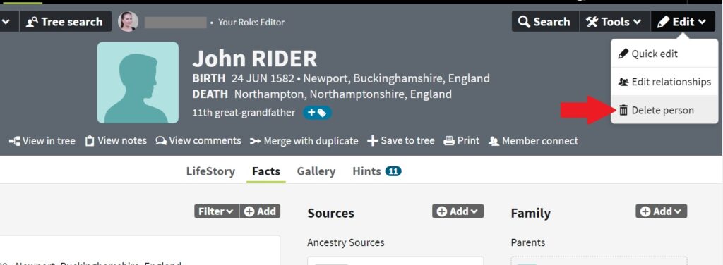 On the profile page, this red arrow points to "Delete person" that shows up in the menu under the "edit" tab