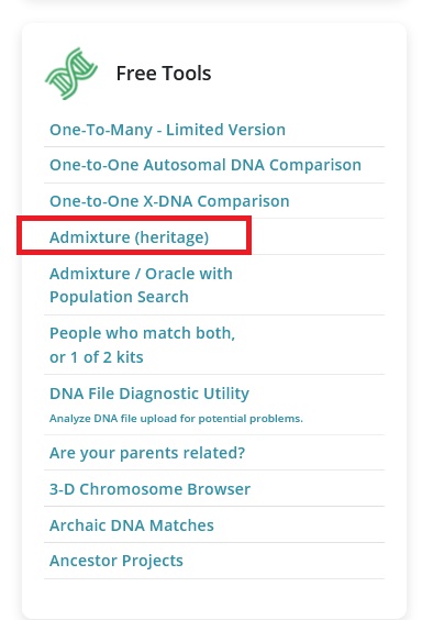 how to access the Gedmatch Admixture heritage Tool for ethnicity, the red rectangle encompasses the fourth tool on the list which is the Admixture tool