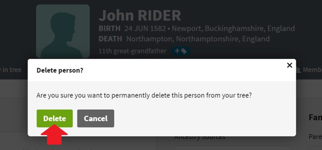 The red arrow points to the Delete button, which is where you will click to confirm that you would like to delete this person  