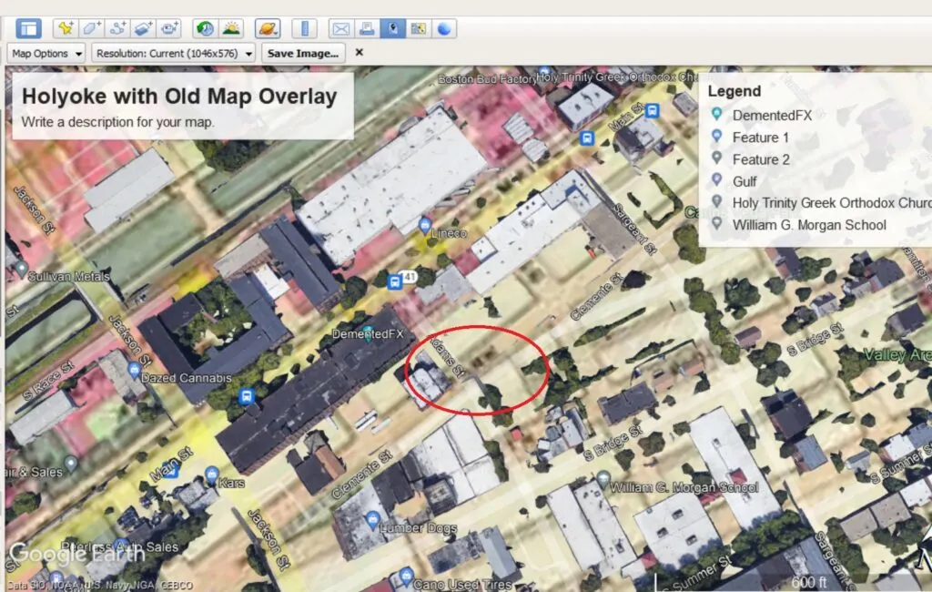 Map of industrial zone of Holyoke MA with historic map overlay