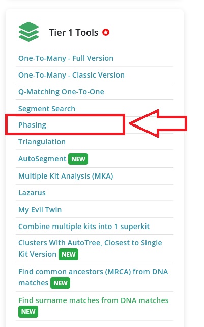 List of Tier 1 Tools at Gedmatch with Phasing Tool highlighted