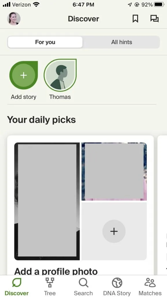How the story that I created about my ancestor Thomas shows up in my feed on the app