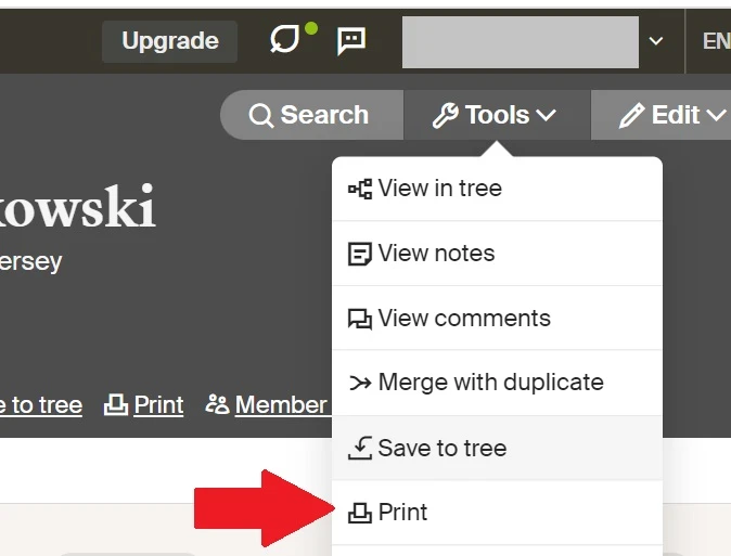 Red arrow indicates that you should click on the Print option directly on the ancestor's profile page that you would like to print