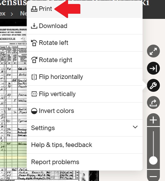 clicking on the small wrench or tool icon will expand a menu where printing is the first option, as indicated by the red arrow