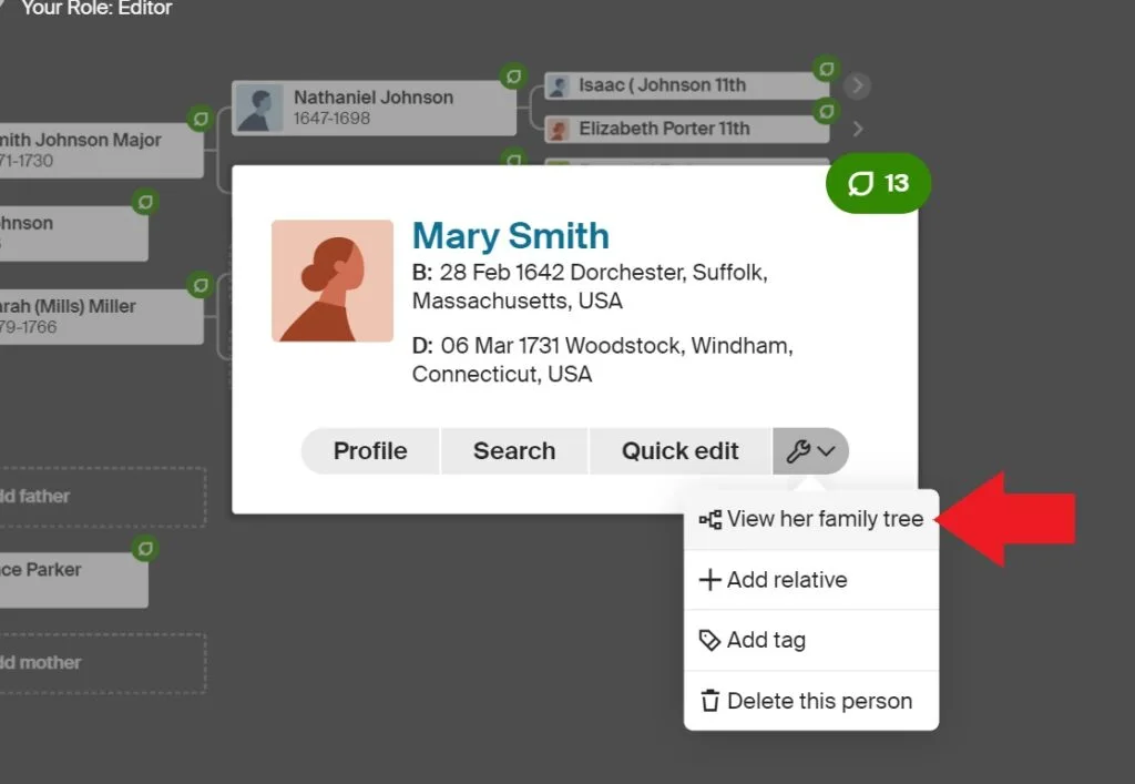 Red arrow points to "View her family tree", an option that appears if you expand the tools for a specific ancestor on the tree view of the family tree on Ancestry