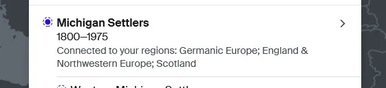 Screen capture from my Ancestry DNA results showing the Michigan Settlers DNA Community