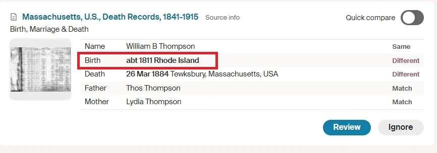 Ancestry record showing William B Thompson born in 1811 in Rhode Island, but this record lists parents, which is why it would be so tempting to believe