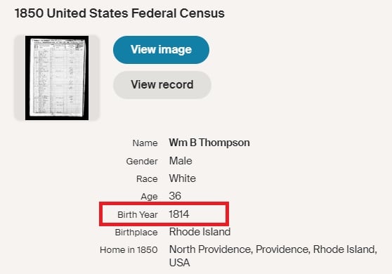 record of Ancestry showing William B Thompson, aged 36, born in 1814 in Rhode Island