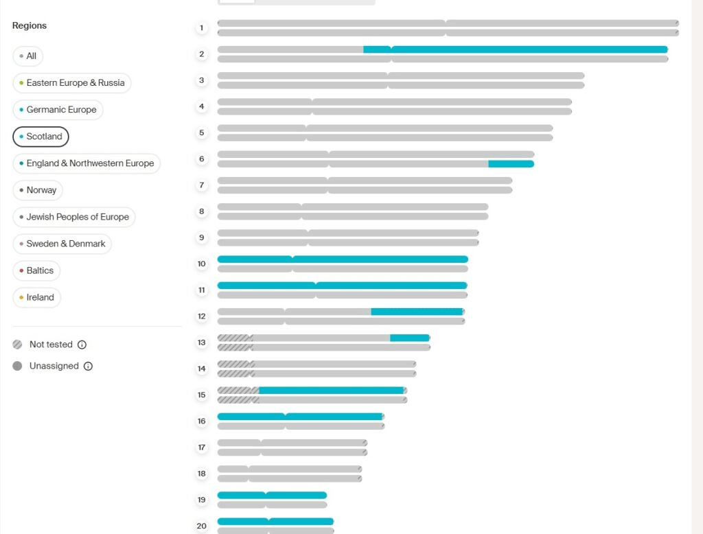 One ethnicity region on Ancestry Chromosome Painter with ten segments highlighted teal