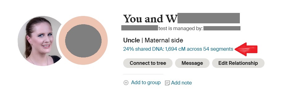 Example from my DNA results that indicates with a red arrow where to click to access the possible DNA relationships and shows the percentage of probability