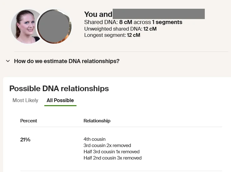 Example of shared DNA details between myself and my 5th-8th cousin DNA match who is Unassigned on my list 