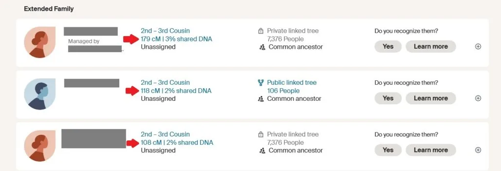 Three relatively close DNA matches with red arrows pointing to amount of shared DNA