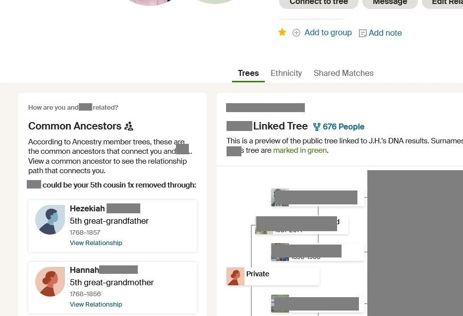 example of Common ancestor hint shared between myself and unassigned DNA match, image shows Hezekiah and Hannah as potential common ancestors, with family tree and other identifying information greyed out for privacy 