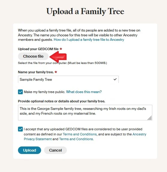 The upload a family tree menu, where you will find the option for choosing a family tree file 