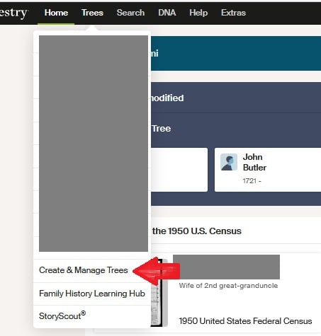 Red arrow pointing to the option to Create and Manage trees on Ancestry dropdown menu