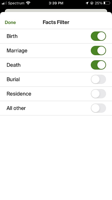 List of fact filters available on the Ancestry app for showing events in family tree map