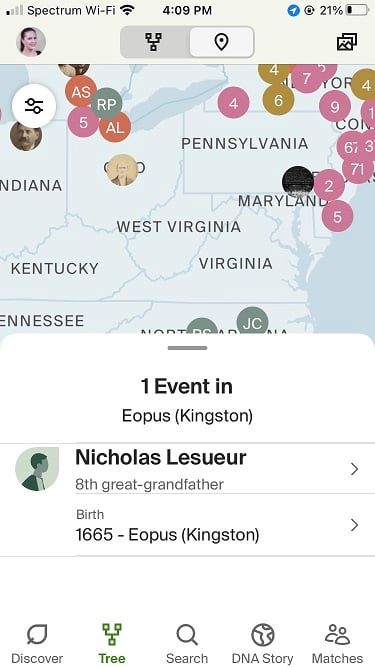 My 8th great-grandfather was Nicholas Lesueur, he was born in Jamaica, which showed up on the map
