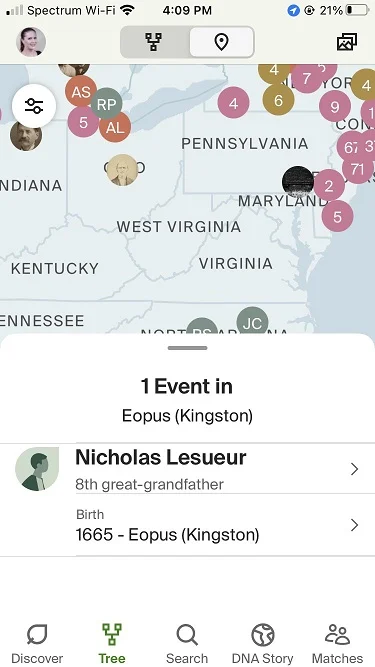 My 8th great-grandfather was Nicholas Lesueur, he was born in Jamaica, which showed up on the map