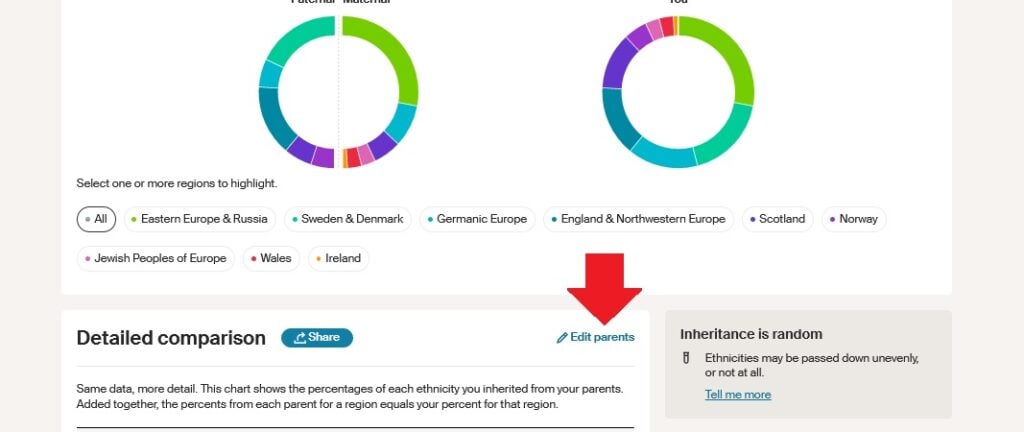 A screen capture of ethnicity inheritance overview by parent showing the ethnicity regions that I inherited from my paternal and maternal sides, which is where you can change the parent labels on your own results