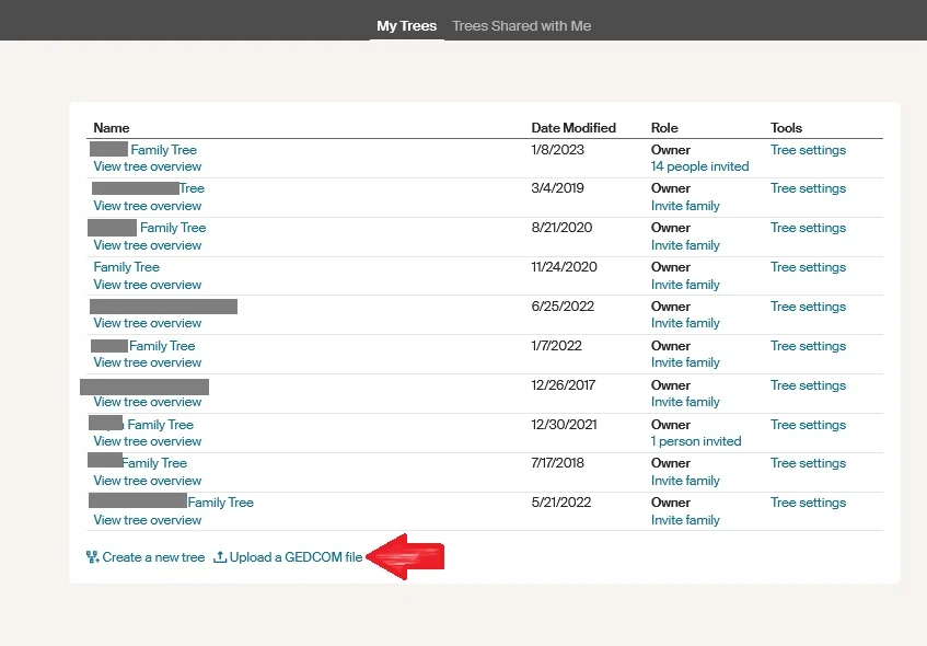 List of family trees on my account, with the option to Upload GEDCOM at the bottom