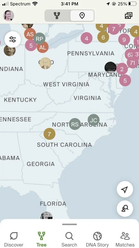 Map of eastern United States showing my family tree locations, primarily located in the northern states, with more recent ancestors in the south