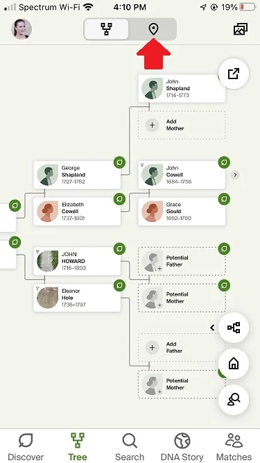 Red arrow indicates where to click on Ancestry app to see map of events in family tree, the image shows a section of my family tree with some distant ancestors 