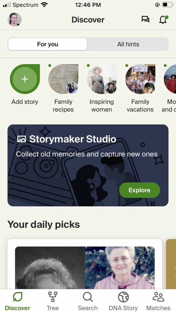 screen capture from the Ancestry mobile app from my account that shows the option to access the Storymaker Studio feature below a selection of other peoples' stories we can choose to watch