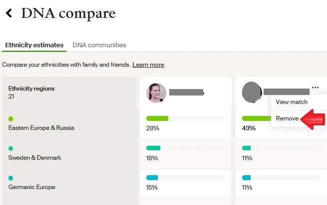 Red arrow pointing to the Remove option on an automatically populated DNA match on the comparison feature