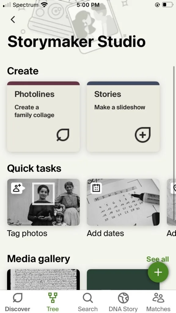 screen capture from the Ancestry app with two options for creating in the Storymaker Studio