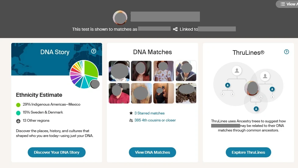 A screen capture from Ancestry results that shows Ethnicity Estimate, DNA Matches and ThruLines, the basic over view of Ancestry DNA results