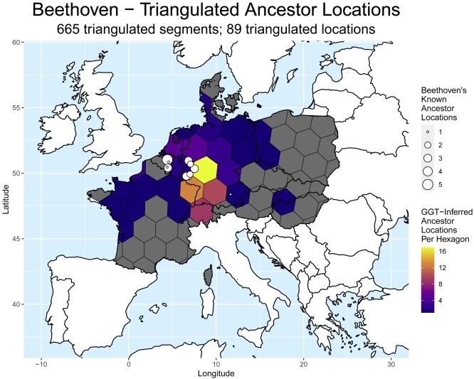 map of Europe with a heat map with hexagon shapes showing where the highest concentration of Beethoven's likely ancestors (based on his DNA) lived