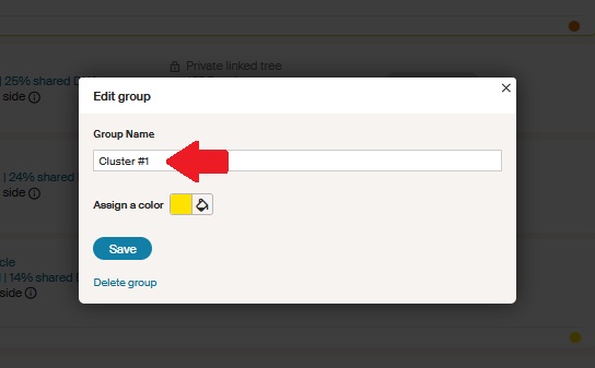 In this example, I want to change the name of my group from Cluster #1 to something else in the dialog box that appeared when I clicked the pencil icon to edit my group
