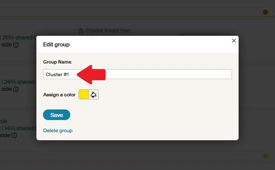 In this example, I want to change the name of my group from Cluster #1 to something else in the dialog box that appeared when I clicked the pencil icon to edit my group