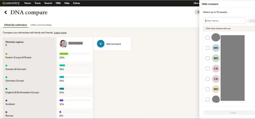 Shown are my DNA ethnicity results and the pop-up dialog to the right showing a list of DNA matches that I could add to the comparison dashboard