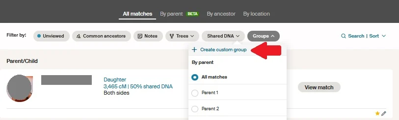 screen capture from my DNA match list, with the Groups menu visible.  Create custom group is the very first option on this menu, above the option to filter matches by parent