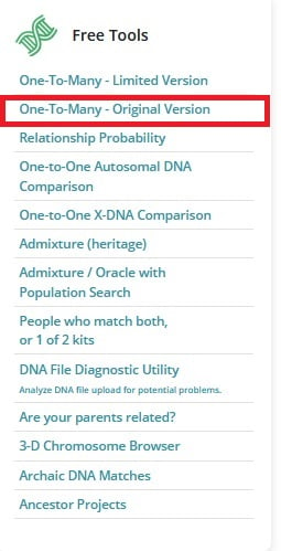 The list of Gedmatch DNA tools and the One to Many Comparison Tool indicated with a red rectangle 