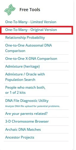 The list of Gedmatch DNA tools and the One to Many Comparison Tool indicated with a red rectangle 