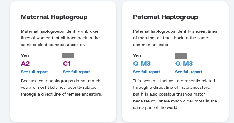Side by side comparison of my relative and their DNA match's maternal and paternal haplogroups.  My relative's maternal haplogroup is A2 and their DNA match's is C1, but they both share Q-M3 in common as a paternal haplogroup