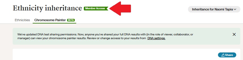 Ethnicity inheritance is now a members-only feature on Ancestry, which is noted by the green flag that now appears on the feature
