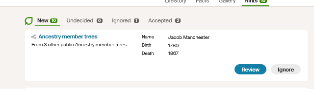 A screen capture of how family trees show up in Ancestry hints
