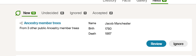 A screen capture of how family trees show up in Ancestry hints