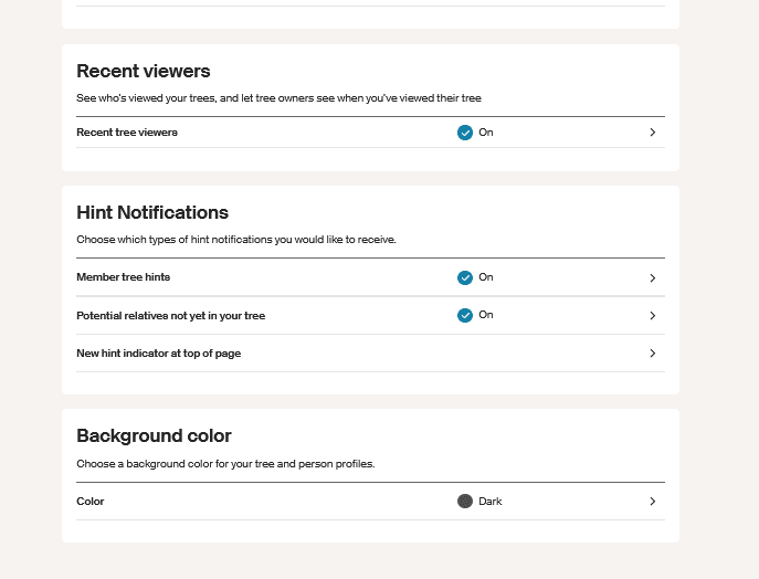 Screen capture of Ancestry tree settings, which you can find below your list of Ancestry trees on your main Ancestry account settings page