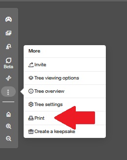 Printing the chart or current tree view is the fifth option on the menu that appears when you click on the three little dots from the leftside menu 