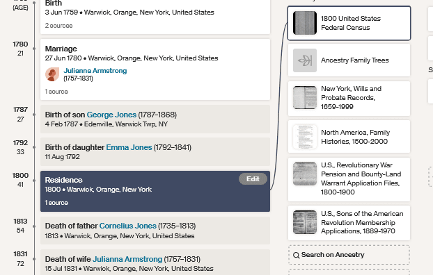 A view from my ancestor's profile in my family tree.  He was born in 1759, and the facts listed include marriage, and the birth of his children.  One fact is highlighted with a link to a source that I have saved to my tree 