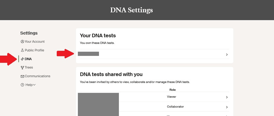 screen capture from Ancestry site indicating the DNA test settings page