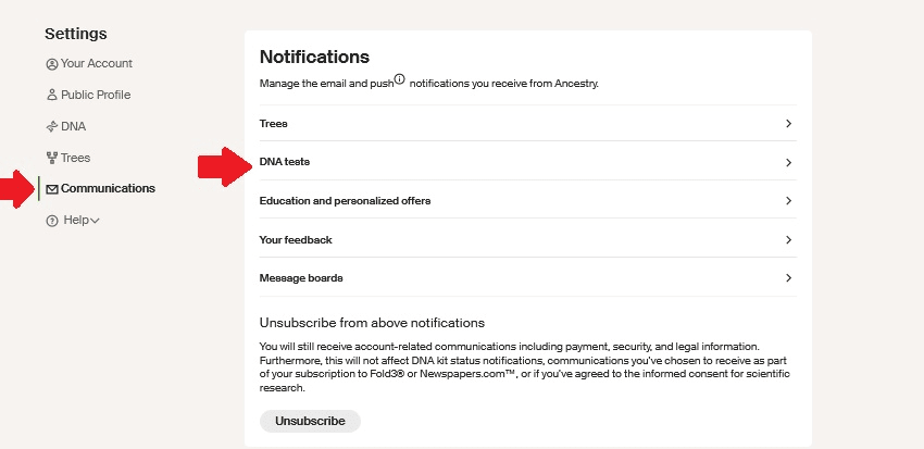 screen capture from Ancestry site with red arrows indicating where to click to access the Communications settings for DNA tests