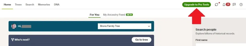 The green button to the top right of the screen, as indicated by the red arrow in this image, is where you should click to add Ancestry Pro Tools to your Ancestry membership