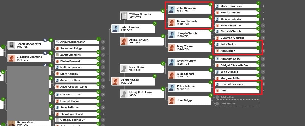 This is a screenshot of my Ancestry tree, showing the ancestors of my ancestor, Elizabeth Simmons, born in 1174.  I have highlighted three couples from the tree as shared ancestors that I share with my hypothetical DNA match.